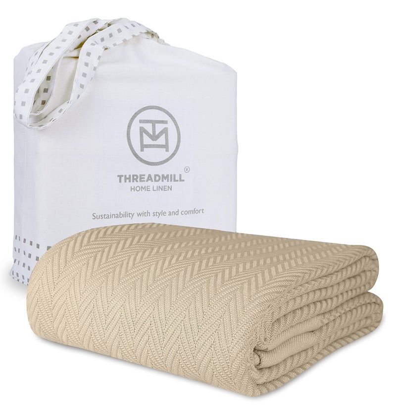 Threadmill Luxury Cotton Blankets for King Size Bed | All-Season Cozy 100% Cotton King Size Blanket | Herringbone Soft Fall Thermal Blanket fits California King Size Bed, 106x92 | Beige - Image 1